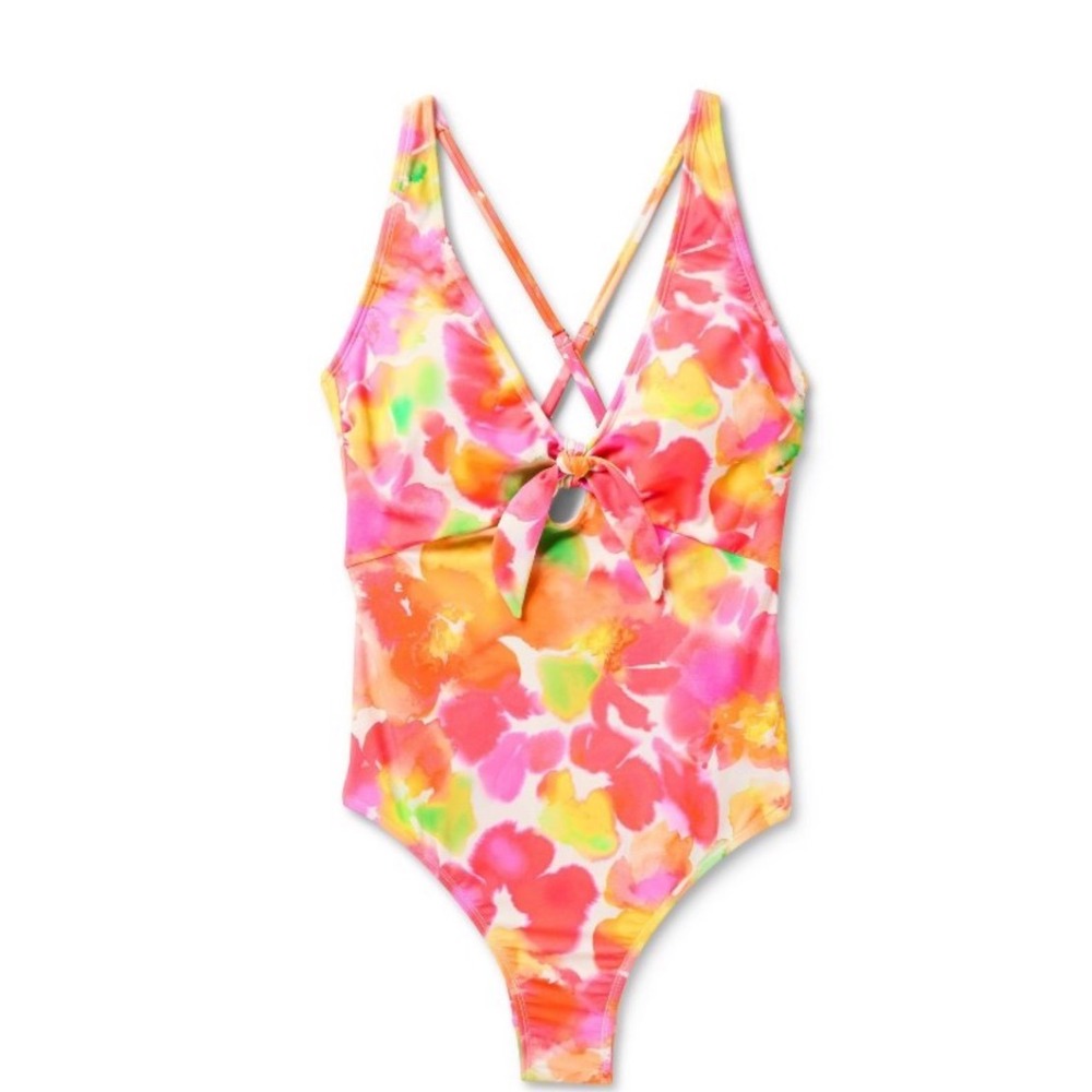 Shade & Shore Floral Print Tie Front Crisscross‎ Back One Piece Swimsuit